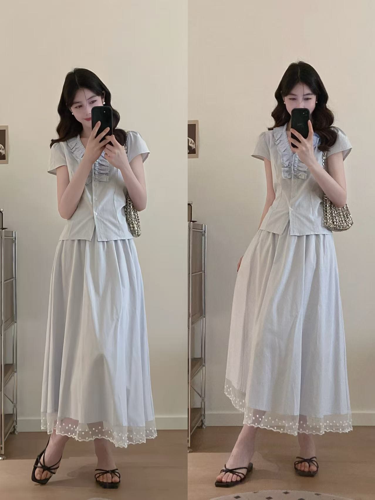 실사 빅 사이즈 프랑스식 프릴 디자인 센스 레이스업 허리 수축 슬림해 보이는 반팔 셔츠 반신 스커트 패션 세트
