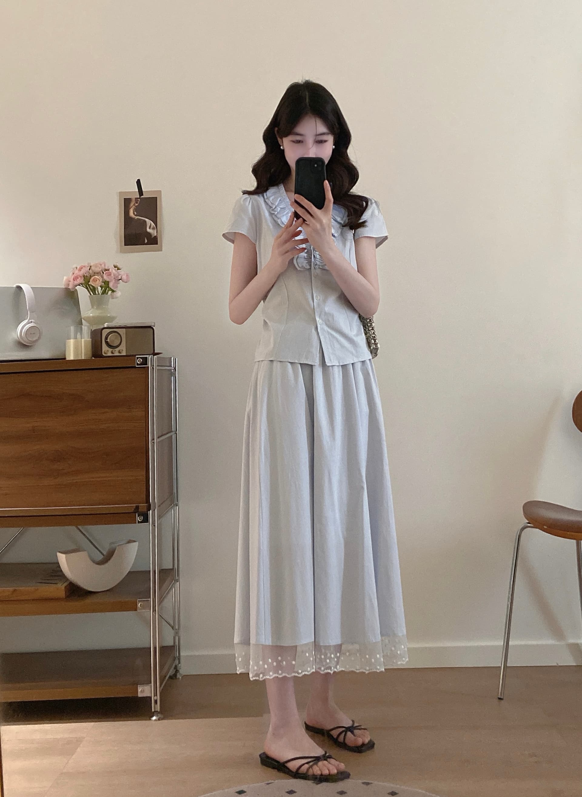 실사 빅 사이즈 프랑스식 프릴 디자인 센스 레이스업 허리 수축 슬림해 보이는 반팔 셔츠 반신 스커트 패션 세트 상세 이미지 2