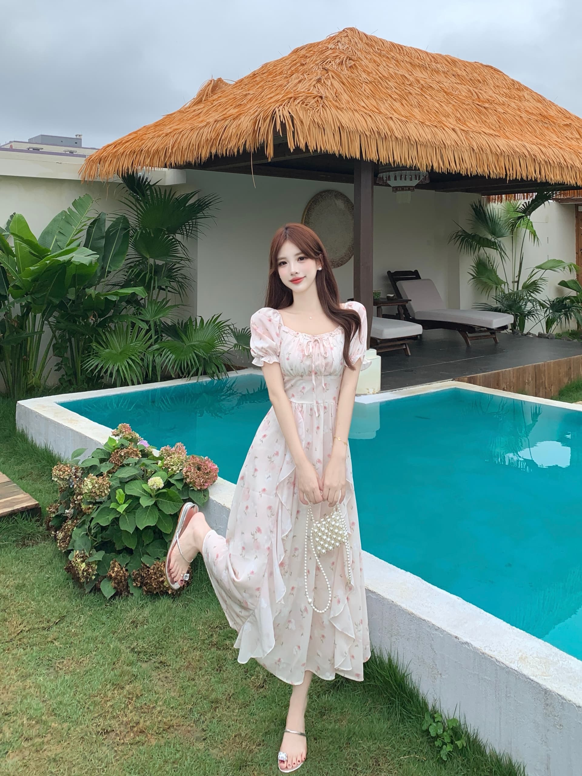 실사 빅 사이즈 지방 mm 프랑스식 자카드 광장 칼라 프릴 쉬폰 여성 드레스 여름 품격 슬림해 보이는 연령 감소 롱 스커트 이미지 3
