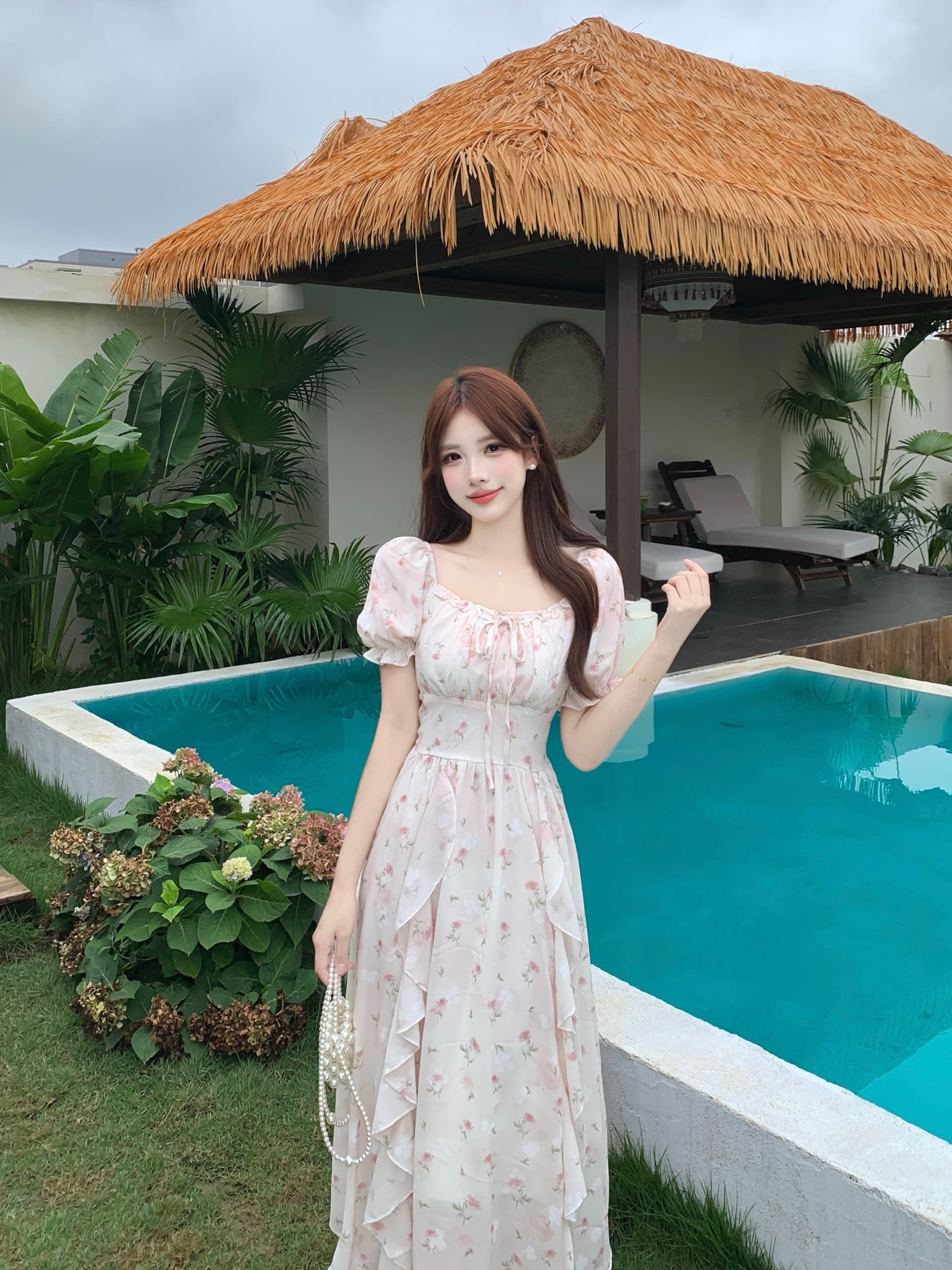 실사 빅 사이즈 지방 mm 프랑스식 자카드 광장 칼라 프릴 쉬폰 여성 드레스 여름 품격 슬림해 보이는 연령 감소 롱 스커트 상세 이미지 6