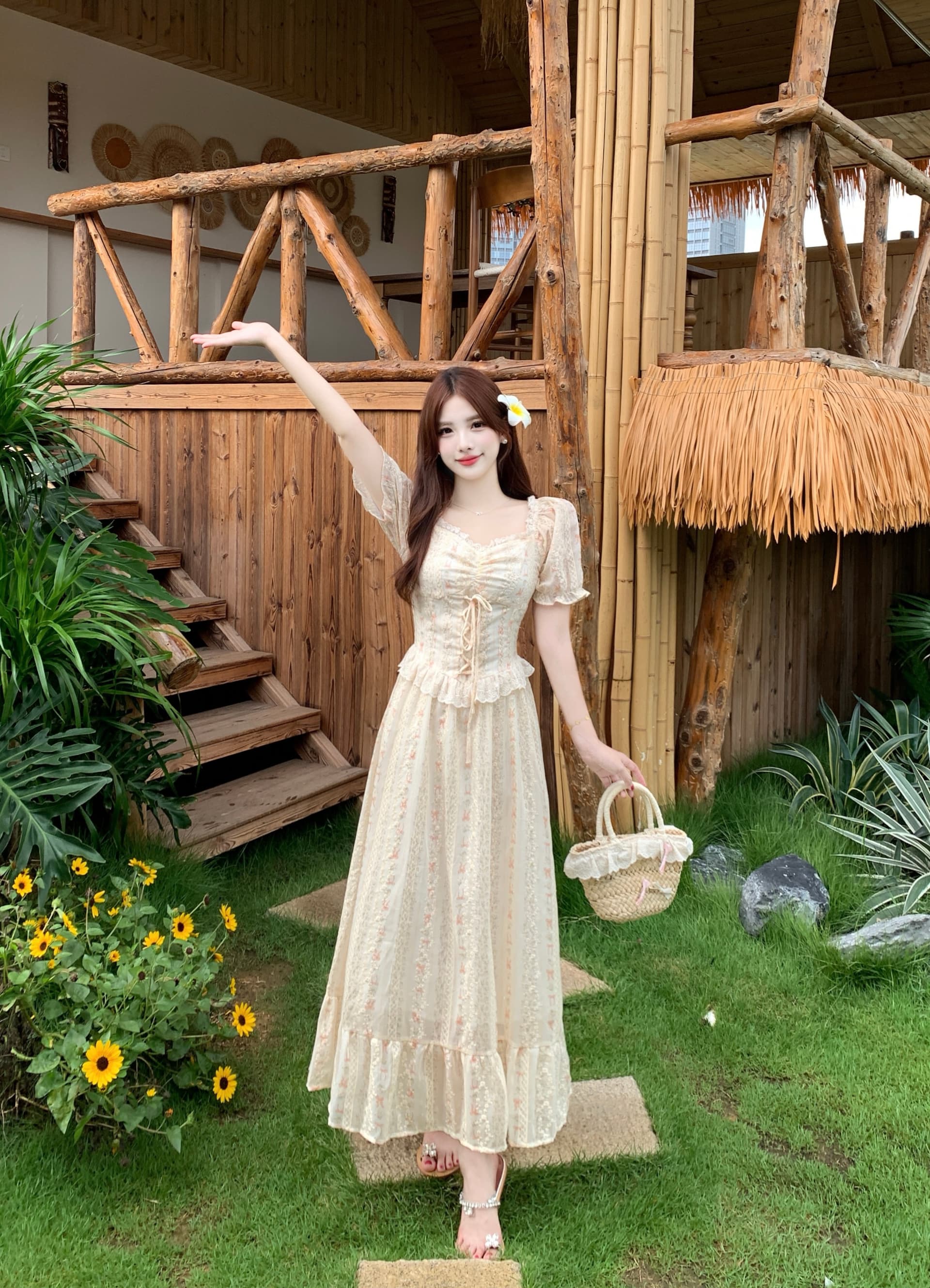 실사 빅 사이즈 지방 mm 프랑스식 달콤한 스타일 거품 소매 슬림해 보이는 드레스 레이스 측면 가짜 바람 롱 스커트 상세 이미지 2