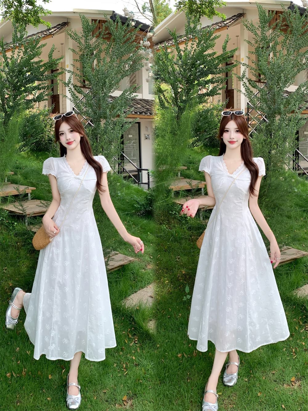 실사 송 긍정적 인 En 프랑스식 부드러운 바람 쌀 화이트 V넥 여성 드레스 여름 한 부서 허리 수축 고유 한 드레스 상세 이미지 2