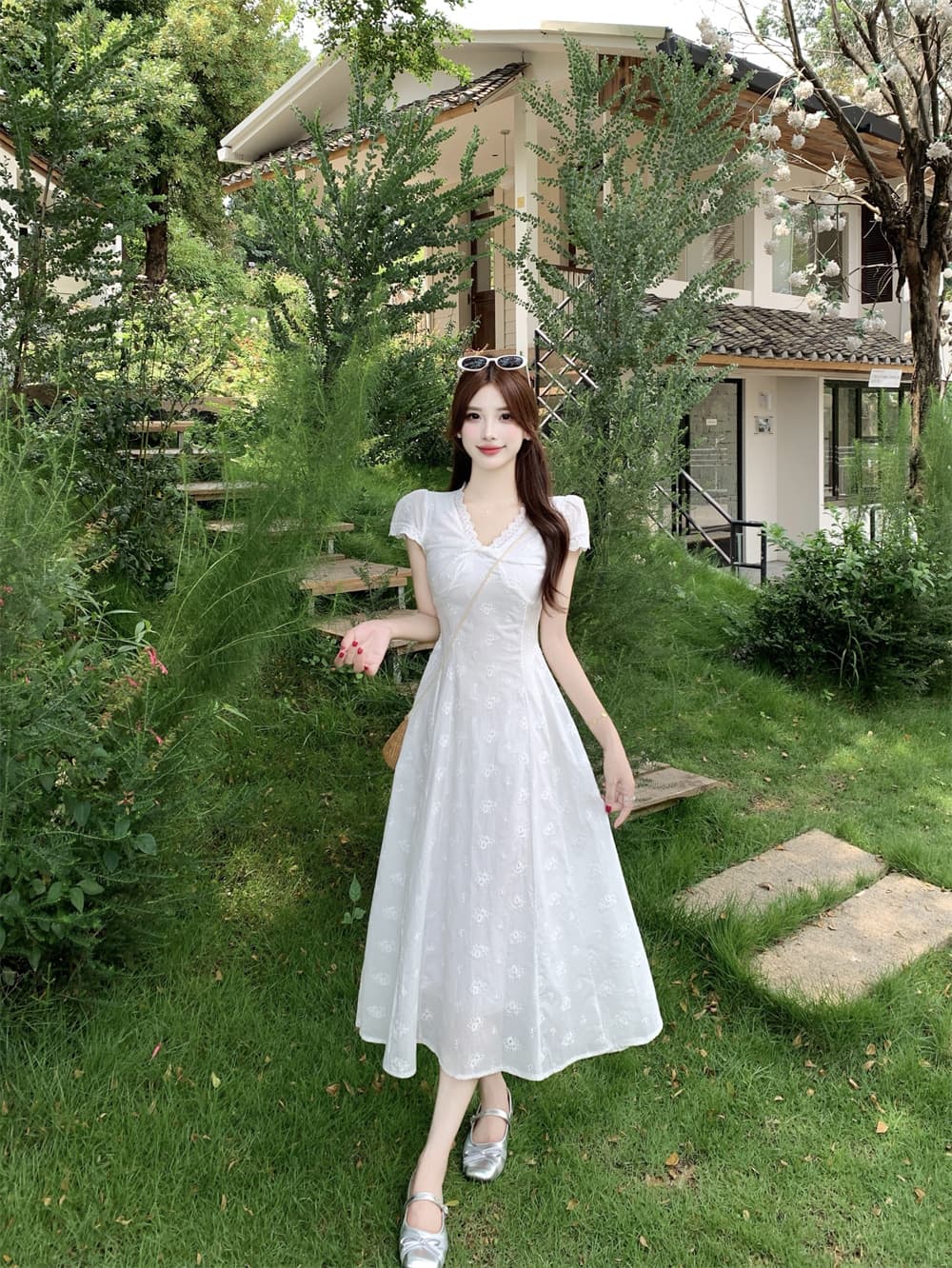 실사 송 긍정적 인 En 프랑스식 부드러운 바람 쌀 화이트 V넥 여성 드레스 여름 한 부서 허리 수축 고유 한 드레스 상세 이미지 6