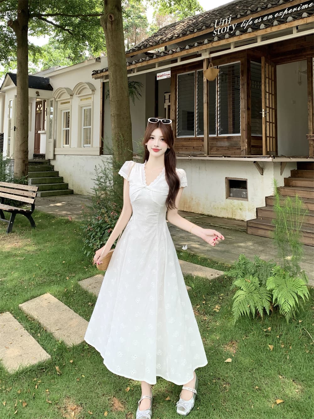 실사 송 긍정적 인 En 프랑스식 부드러운 바람 쌀 화이트 V넥 여성 드레스 여름 한 부서 허리 수축 고유 한 드레스 상세 이미지 7