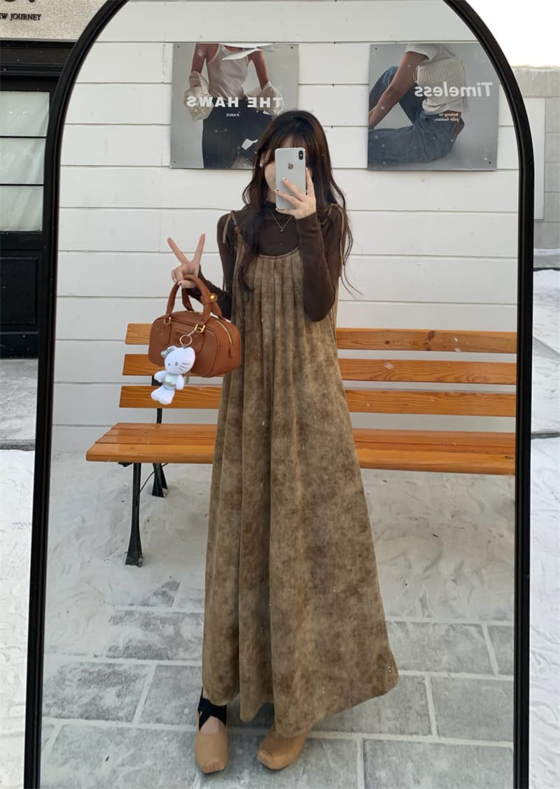 실사 가을 겨울 새로운 수묵화 꽃무늬 느긋한 바람 루즈핏 드레스 두꺼운 인사이드 가져 가라. 만나는 세트 상세 이미지 5