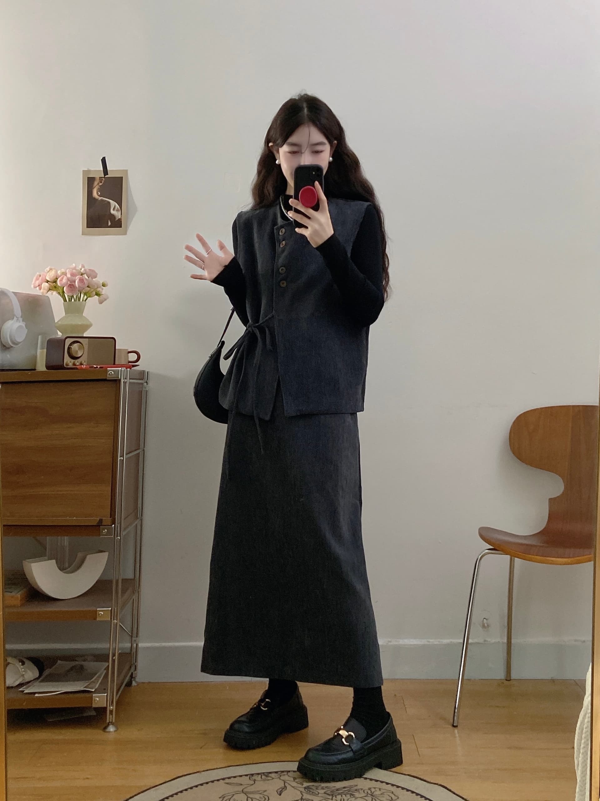 실사 빅 사이즈 여성 가을 겨울 신제품 한국 스타일 기본 셔츠 작은 샤넬 스타일 베스트 외부 가져 가라. 반신 스커트 3종 세트 상세 이미지 7