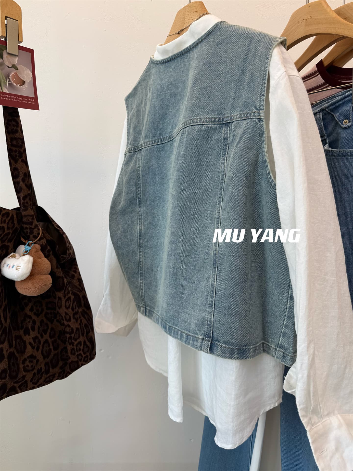 muyang 무거운 작업 수집판 보존 자수 패턴 워싱 데님 베스트 느슨함 데님 어깨 상세 이미지 6