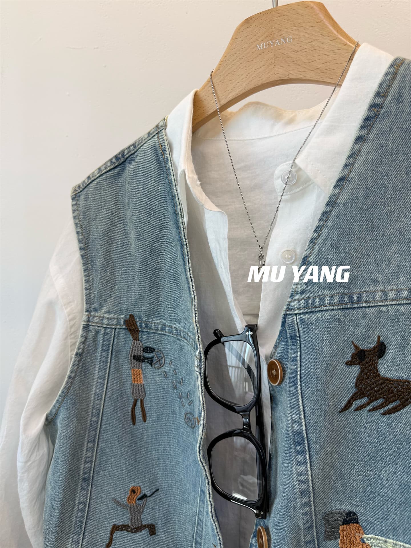 muyang 무거운 작업 수집판 보존 자수 패턴 워싱 데님 베스트 느슨함 데님 어깨 상세 이미지 8