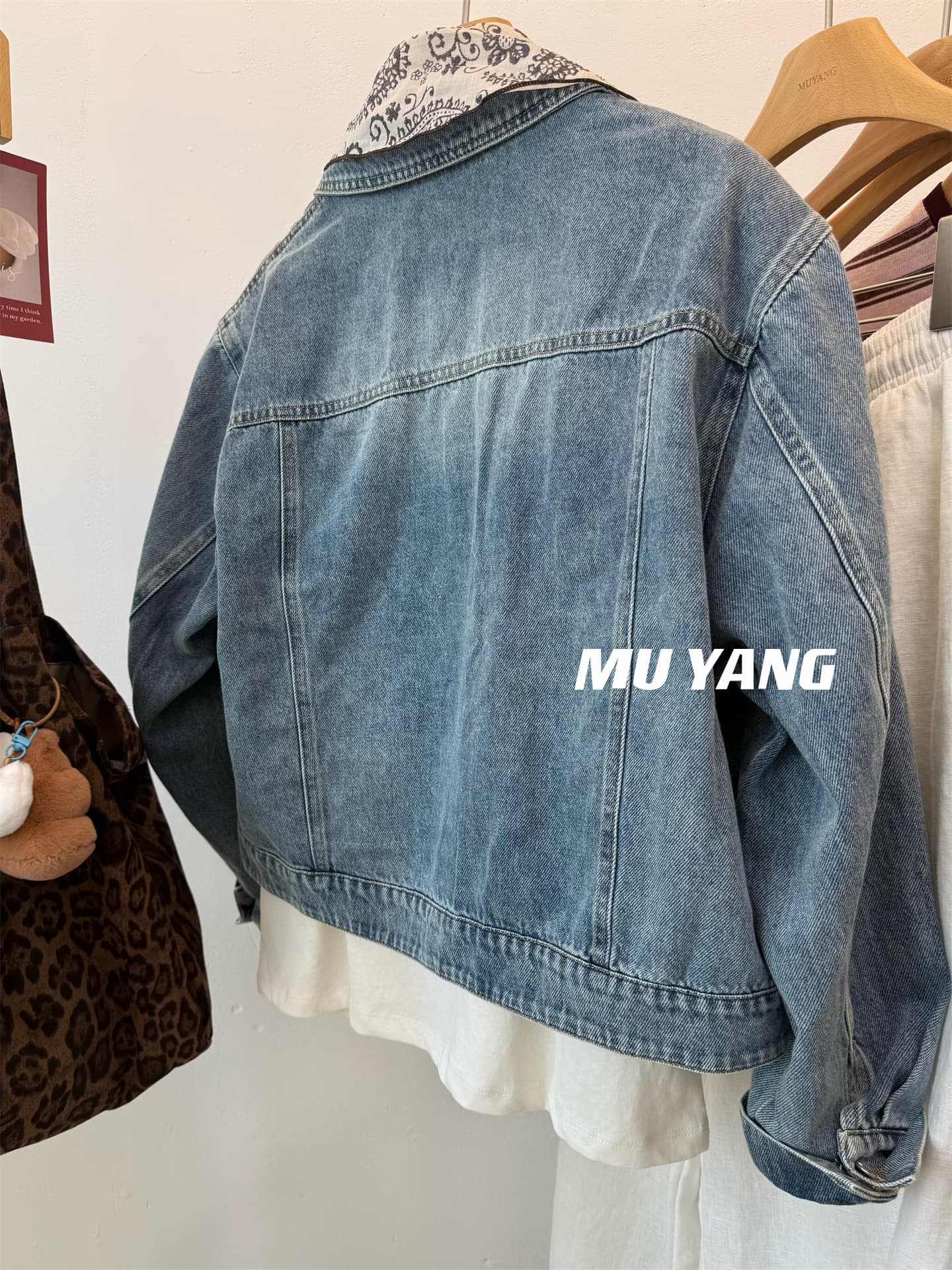 muyang 한국 워싱 재료 스카프 장식 레트로 데님 여성 코트 쇼트 스타일 폴로 칼라 다용도 재킷 재킷 상세 이미지 4
