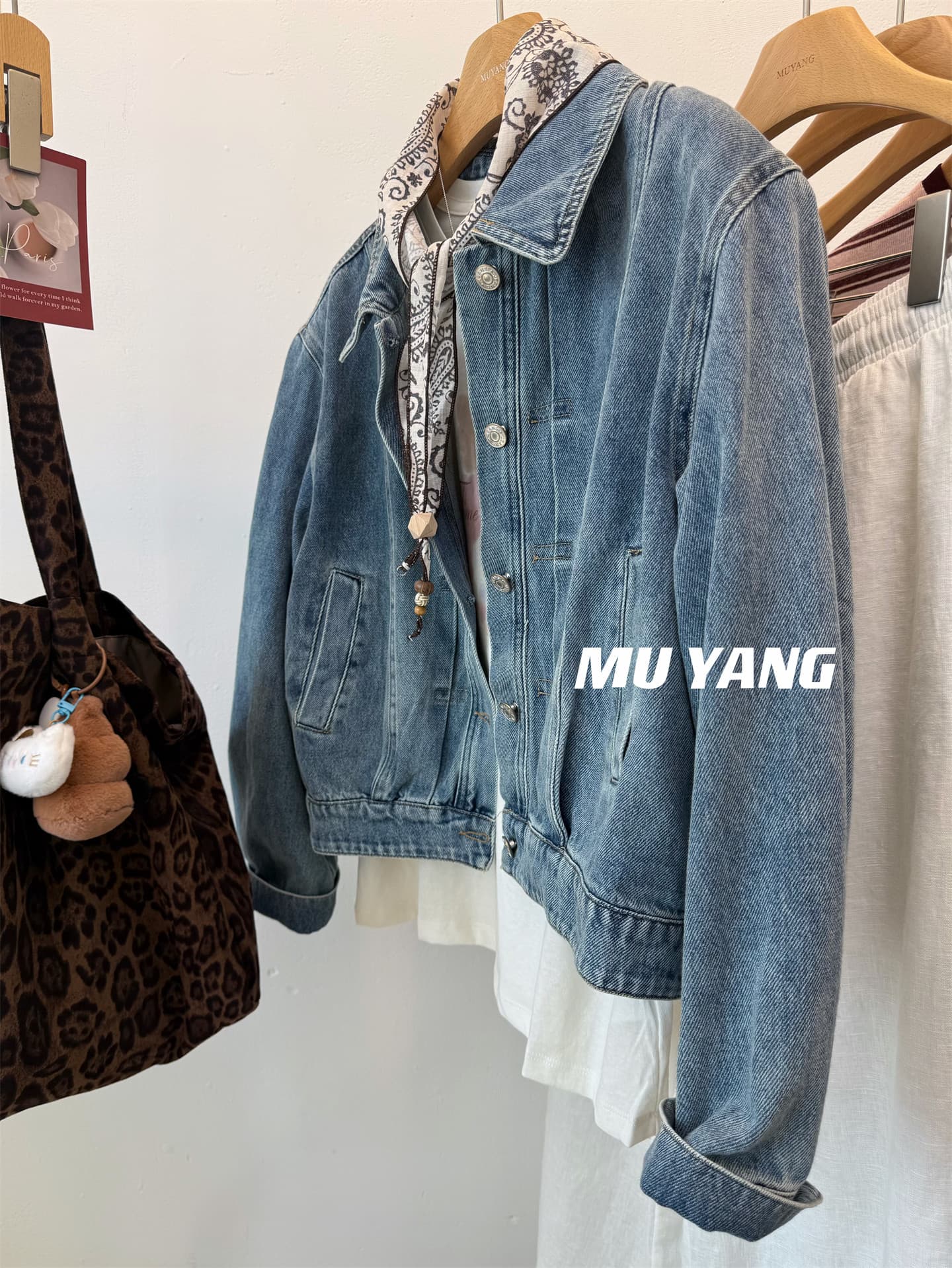 muyang 한국 워싱 재료 스카프 장식 레트로 데님 여성 코트 쇼트 스타일 폴로 칼라 다용도 재킷 재킷 상세 이미지 5