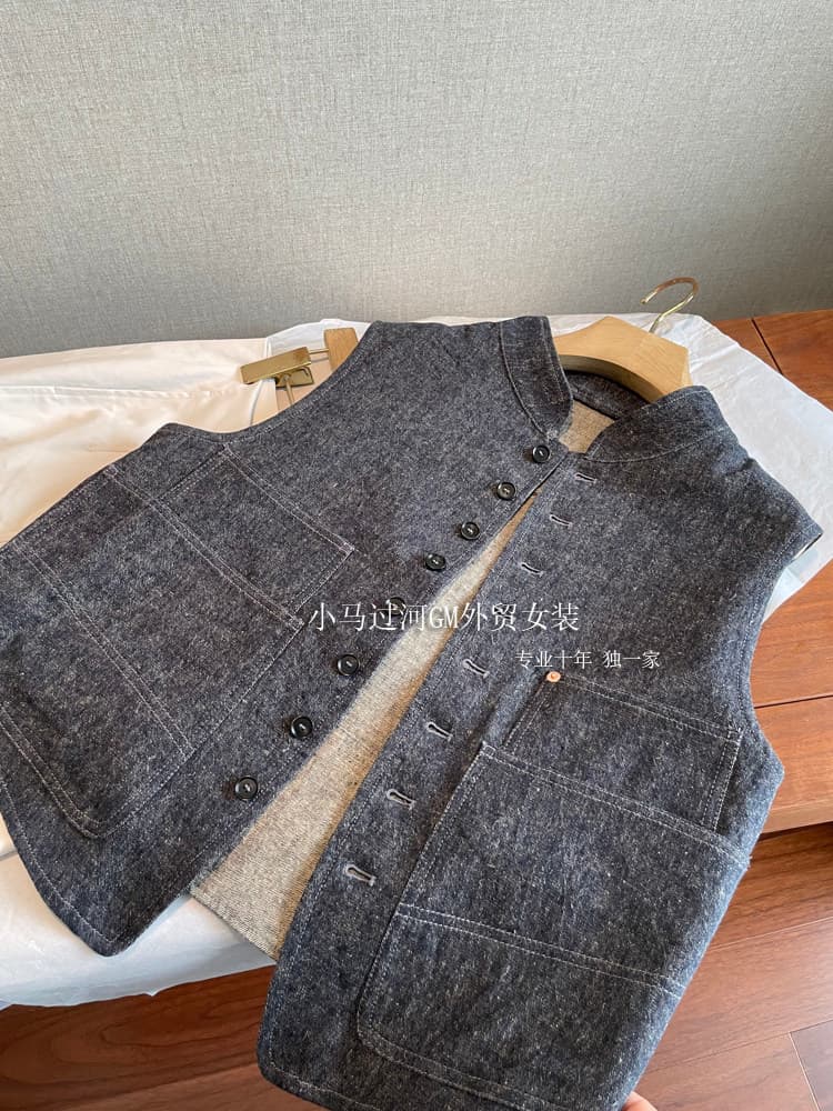 수출 r 싱글 가져 가라. 품질 말 높은 품질 레트로 워크웨어 윈디 주머니 스탠드 칼라 데님 조끼 여자 상세 이미지 5