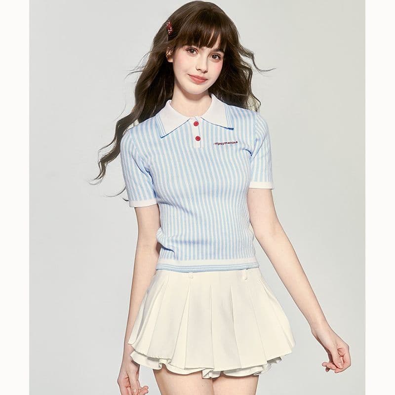 원본 품질 프랑스식 순수한 욕망 바람 세로 줄무늬 배색 POLO 칼라 니트 스웨터 2026 여름 새로운 연령 감소 맨위 여성 상세 이미지 4