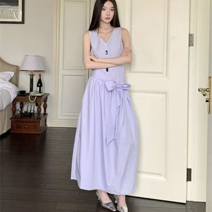 프랑스식 조끼 원피스 민소매 치마 작은 키 새로운 연령 감소 여름 부드러운 허리 수축 롱 스커트