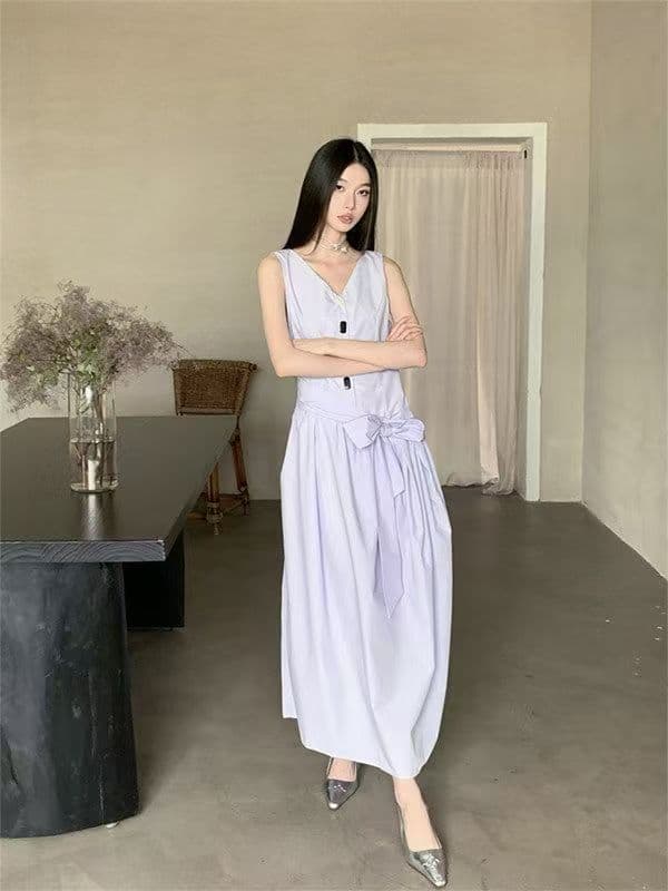 프랑스식 조끼 원피스 민소매 치마 작은 키 새로운 연령 감소 여름 부드러운 허리 수축 롱 스커트 상세 이미지 3