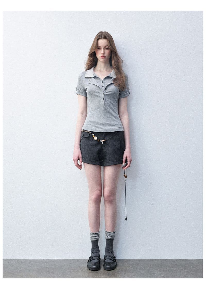 원본 품질 프랑스식 단색 페이크 레이어드 POLO 칼라 반팔 티셔츠 2026 여름 새로운 몸매 가꾸기 디스플레이 농땡이 부리다 맨위 상세 이미지 9