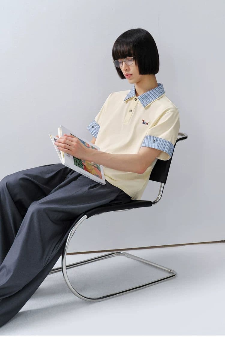 원본 품질 프랑스식 학원 스타일 miu 부서 배색 티셔츠 여성 2026 여름 폴로 칼라 캐주얼 슬림해 보이는 자수 맨위 상세 이미지 10