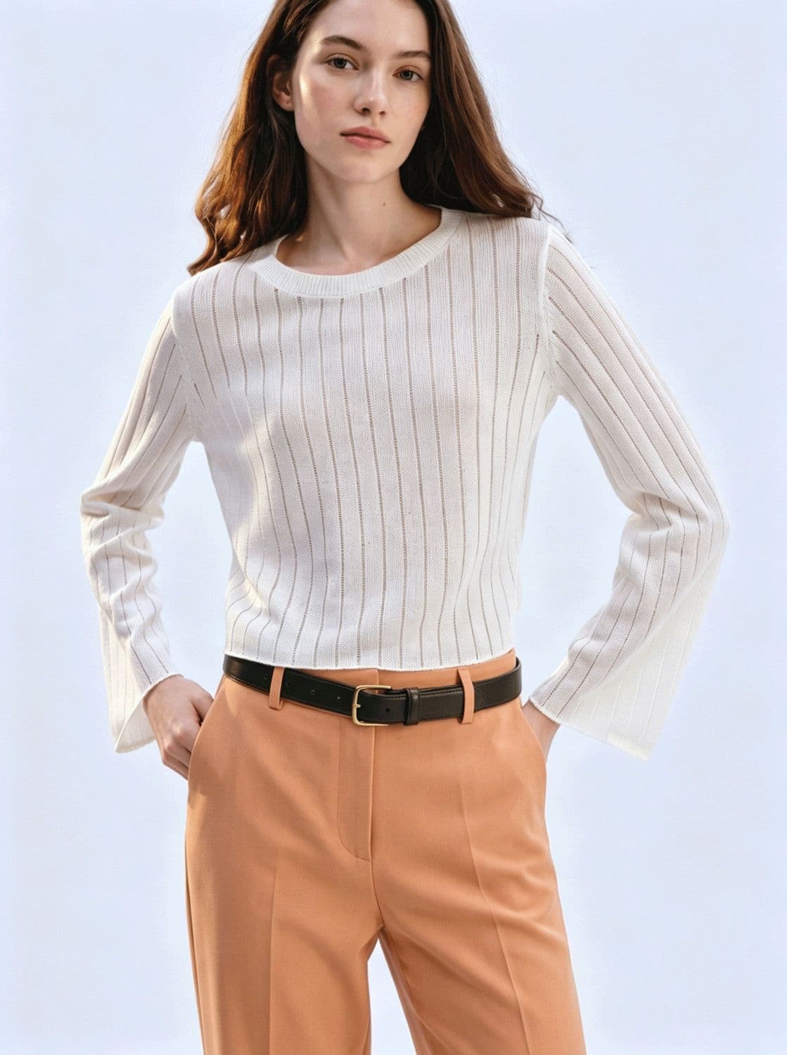 원본 품질 프랑스식 캐주얼 그리고 종이 혼방 세로 줄무늬 엠보싱 센스 라운드 넥 니트 풀오버 2026 가을 새로운 이미지 3