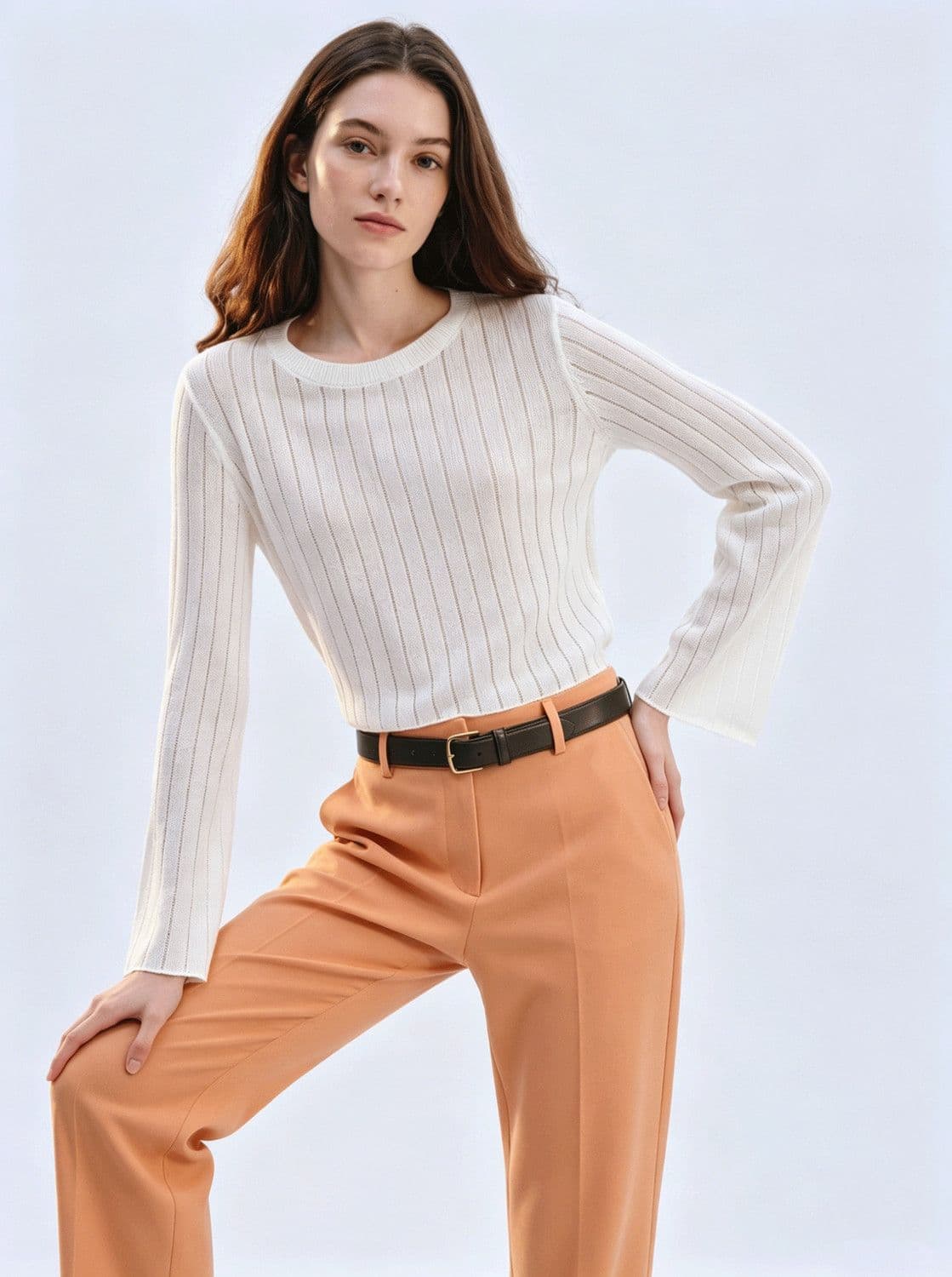 원본 품질 프랑스식 캐주얼 그리고 종이 혼방 세로 줄무늬 엠보싱 센스 라운드 넥 니트 풀오버 2026 가을 새로운 이미지 4