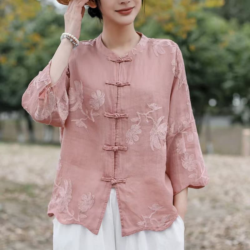 2026 여름 새로운 국풍 앞여밈 단추 무거운 작업 자수 라미 9부 소매 맨위 이미지 2