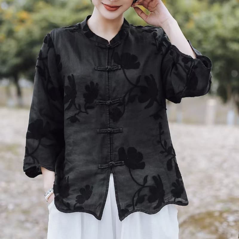 2026 여름 새로운 국풍 앞여밈 단추 무거운 작업 자수 라미 9부 소매 맨위