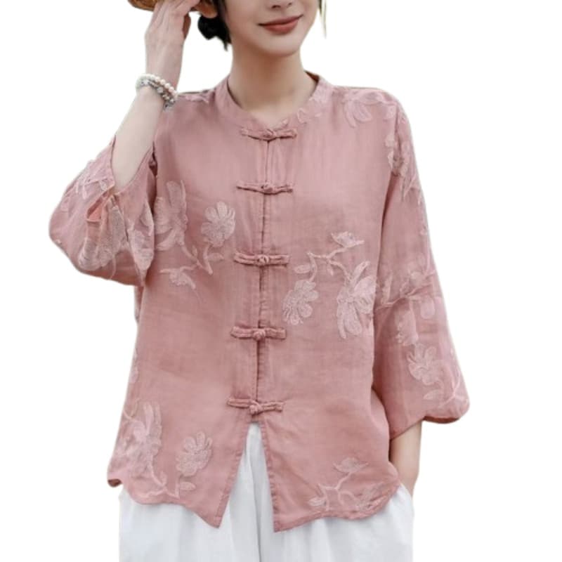 2026 여름 새로운 국풍 앞여밈 단추 무거운 작업 자수 라미 9부 소매 맨위 이미지 5