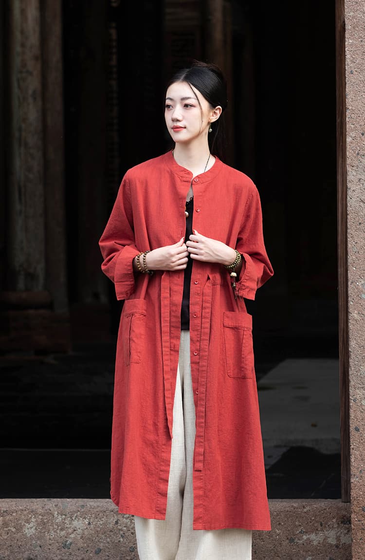 2026 가을 새로운 중간 길이 열린 가슴 벨트 면 린넨 루즈핏 슬림해 보이는 중식 레트로 망토 코트 상세 이미지 9