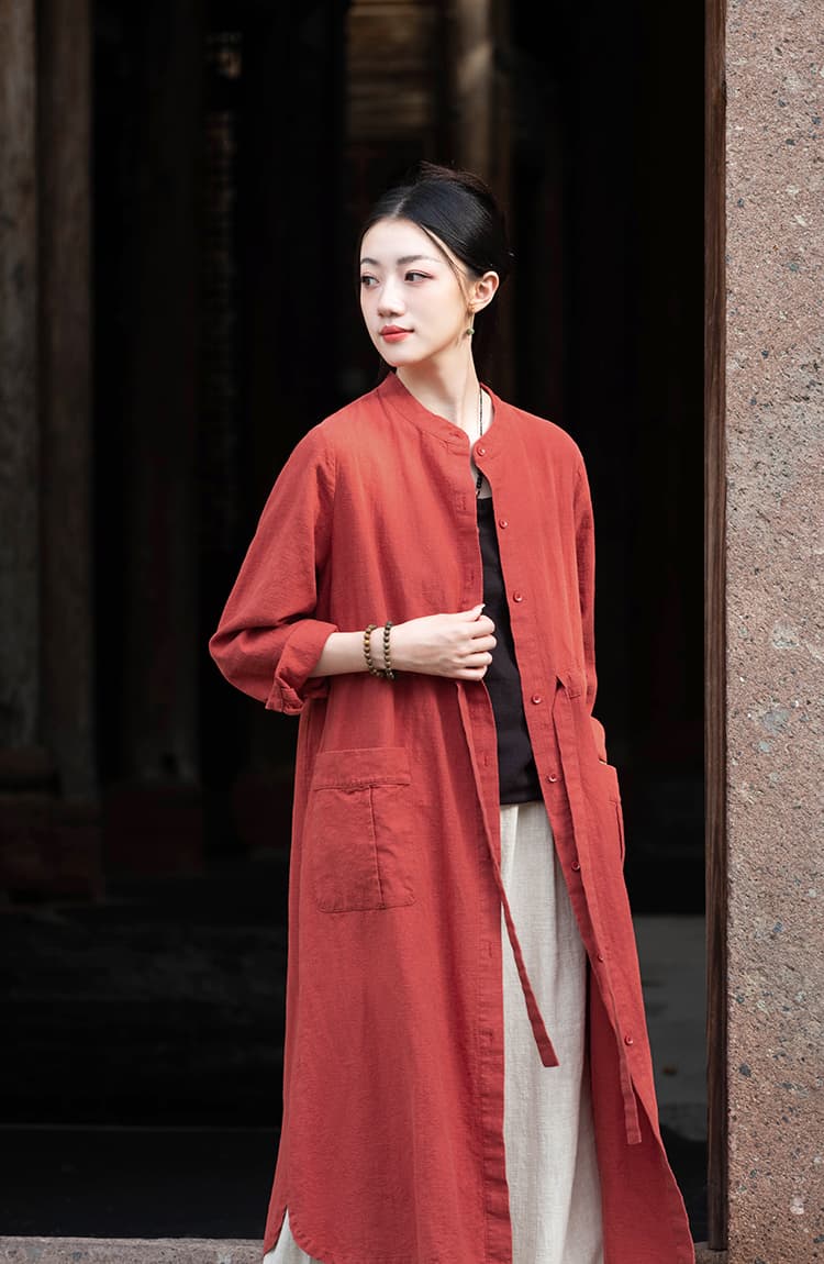 2026 가을 새로운 중간 길이 열린 가슴 벨트 면 린넨 루즈핏 슬림해 보이는 중식 레트로 망토 코트 상세 이미지 11