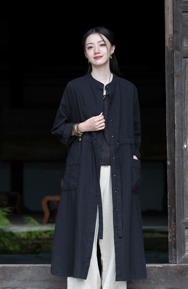 2026 가을 새로운 중간 길이 열린 가슴 벨트 면 린넨 루즈핏 슬림해 보이는 중식 레트로 망토 코트 상세 이미지 16