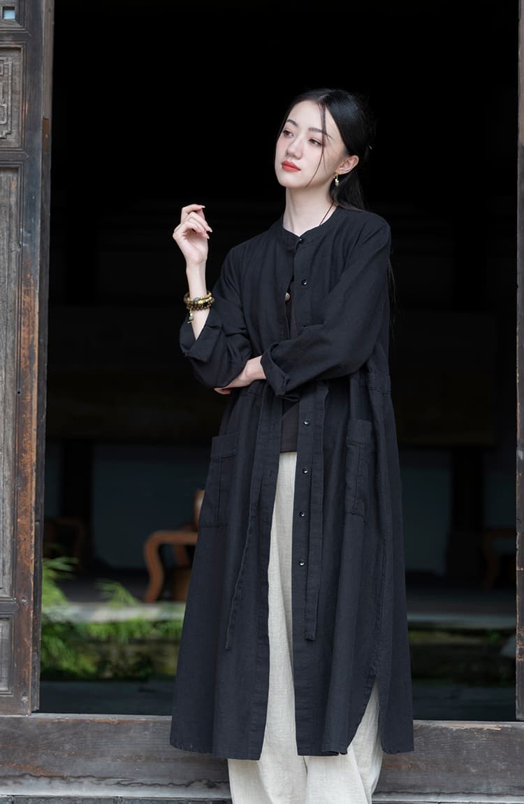 2026 가을 새로운 중간 길이 열린 가슴 벨트 면 린넨 루즈핏 슬림해 보이는 중식 레트로 망토 코트 상세 이미지 24