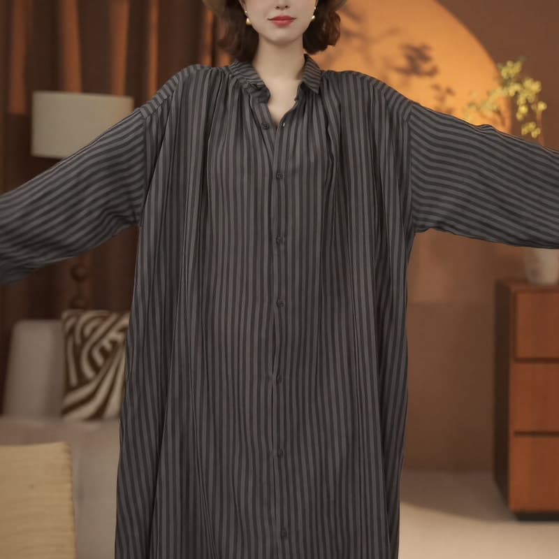 2026 가을 새로운 느긋한 바람 이중층 컬러 짜임 스트라이프 면 린넨 루즈핏 슬림해 보이는 긴팔 빅 사이즈 셔츠 드레스 이미지 4