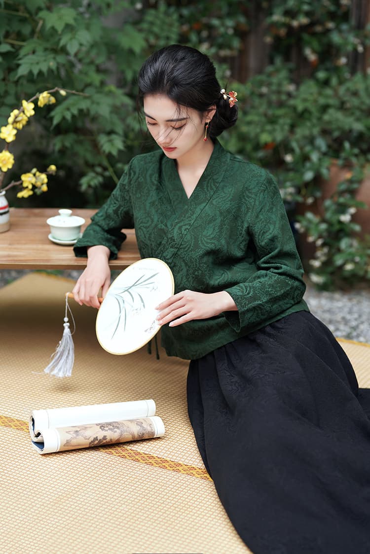 2026 가을 면 린넨 자카드 문예 레트로 젠 쇼트 스타일 중식 만나는 차 서비스 상세 이미지 5