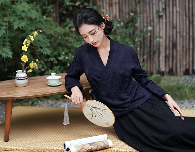2026 가을 면 린넨 자카드 문예 레트로 젠 쇼트 스타일 중식 만나는 차 서비스 상세 이미지 10