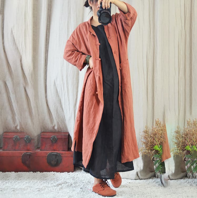 2026 가을 새로운 레트로 중식 단추 두꺼운 아마 무릎 아래 루즈핏 슬림해 보이는 재킷 재킷 상세 이미지 7