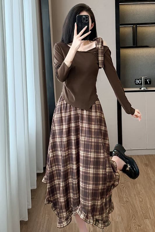 불규칙 비스듬한 어깨 긴팔 맨위 쉬폰 체크무늬 반신 스커트 여성복 얇은 스타일 2026 봄 가을 새로운 드레스 이미지 7