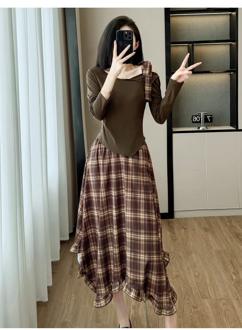 불규칙 비스듬한 어깨 긴팔 맨위 쉬폰 체크무늬 반신 스커트 여성복 얇은 스타일 2026 봄 가을 새로운 드레스 상세 이미지 12