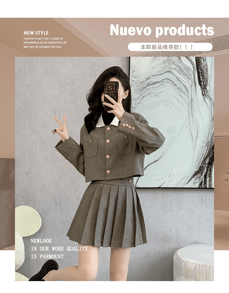 한 부서 체크무늬 작은 샤넬 스타일 세트 드레스 여성 2026 봄 새로운 miu 부서 착용 가져 가라. 캐주얼 플리츠 스커트 투피스 세트 상세 이미지 1