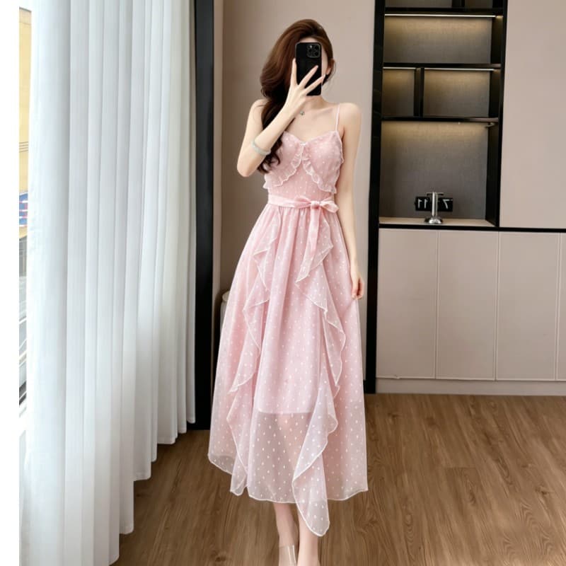 차 휴식 프랑스식 드레스 2026 새로운 여성 여름 부드러운 바람 프릴 요정 품격 쉬폰 슬립 롱 스커트 이미지 3