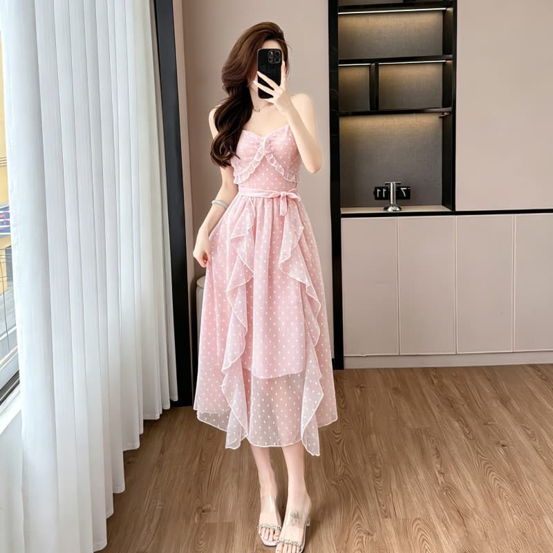 차 휴식 프랑스식 드레스 2026 새로운 여성 여름 부드러운 바람 프릴 요정 품격 쉬폰 슬립 롱 스커트 상세 이미지 9
