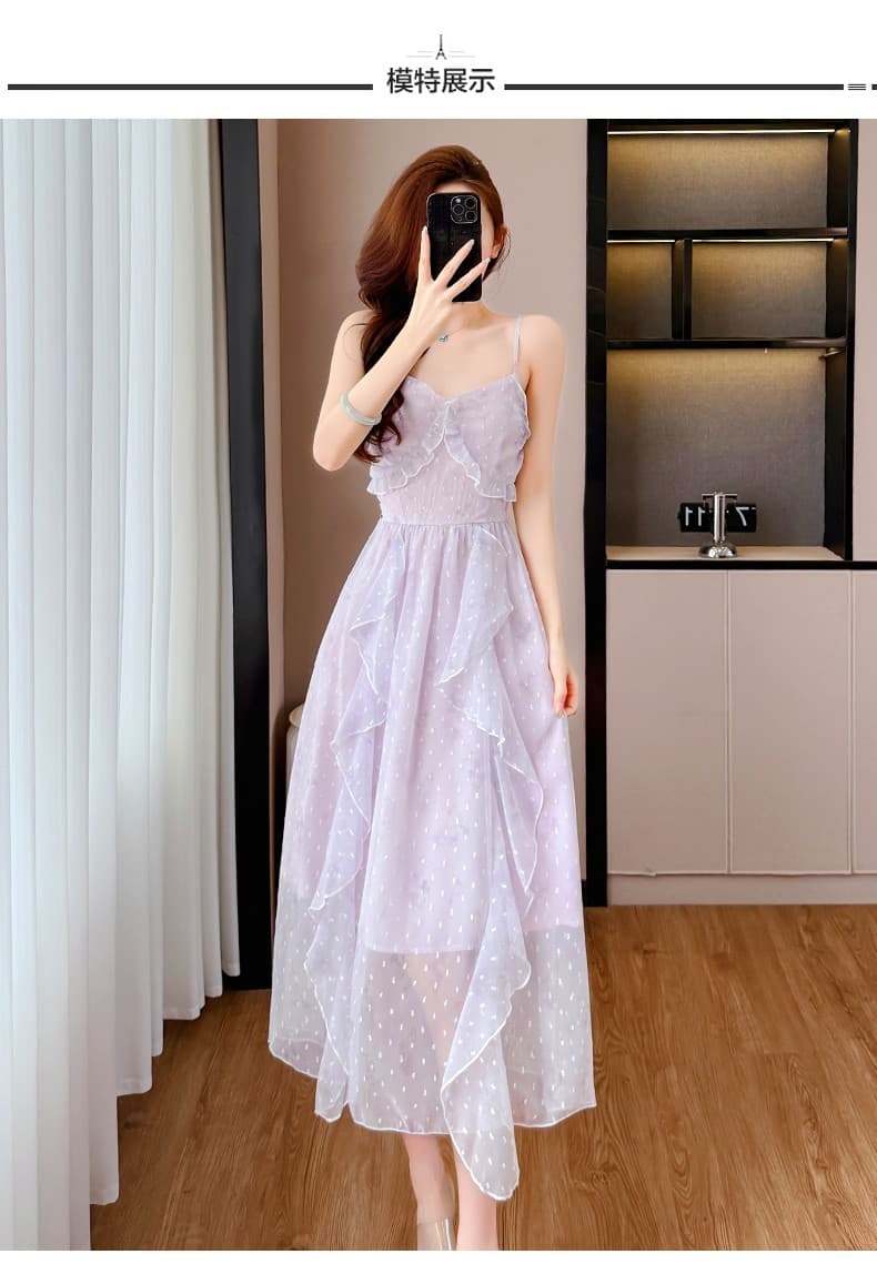 차 휴식 프랑스식 드레스 2026 새로운 여성 여름 부드러운 바람 프릴 요정 품격 쉬폰 슬립 롱 스커트 상세 이미지 10