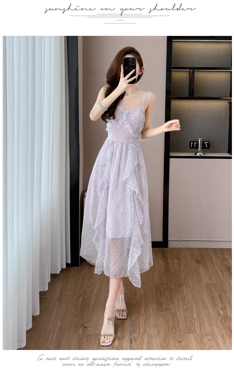 차 휴식 프랑스식 드레스 2026 새로운 여성 여름 부드러운 바람 프릴 요정 품격 쉬폰 슬립 롱 스커트 상세 이미지 11