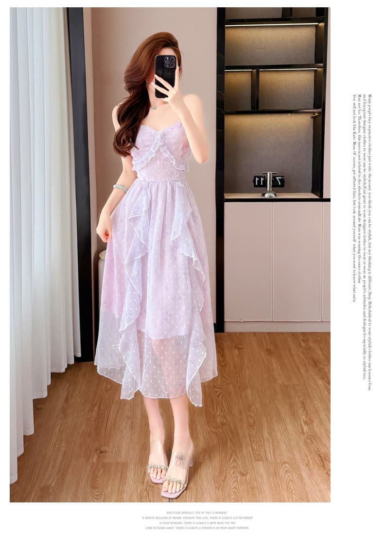 차 휴식 프랑스식 드레스 2026 새로운 여성 여름 부드러운 바람 프릴 요정 품격 쉬폰 슬립 롱 스커트 상세 이미지 12
