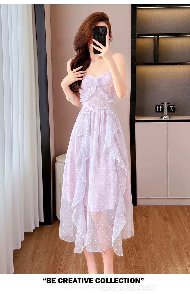 차 휴식 프랑스식 드레스 2026 새로운 여성 여름 부드러운 바람 프릴 요정 품격 쉬폰 슬립 롱 스커트 상세 이미지 13