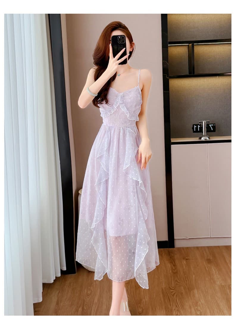 차 휴식 프랑스식 드레스 2026 새로운 여성 여름 부드러운 바람 프릴 요정 품격 쉬폰 슬립 롱 스커트 상세 이미지 16
