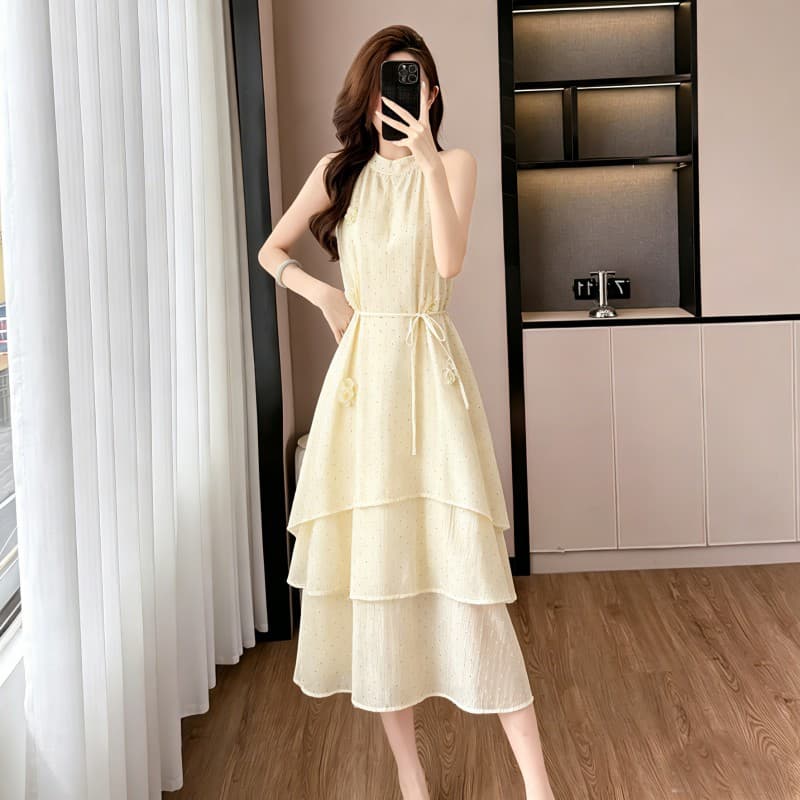 프랑스식 아름다운 고유 한 민소매 행침 목 여성 드레스 여름 아름다운 휴가 바람이 아닙니다. 규칙 길다 치마 상세 이미지 10