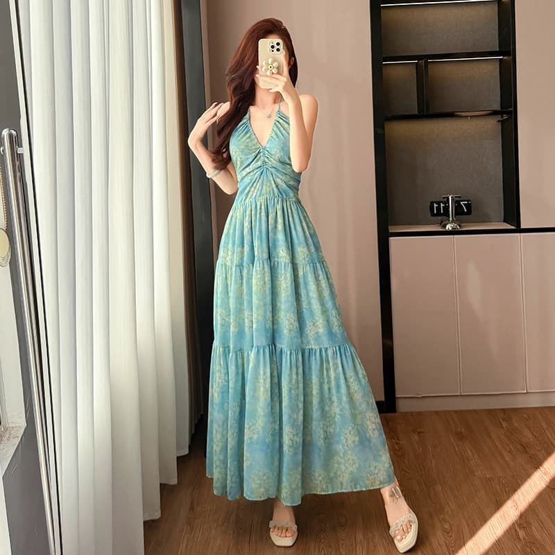 한국 스타일 V넥 프린트 힙 Pleat 패치워크 백리스 휴가 바람 행침 목 드레스 이미지 2