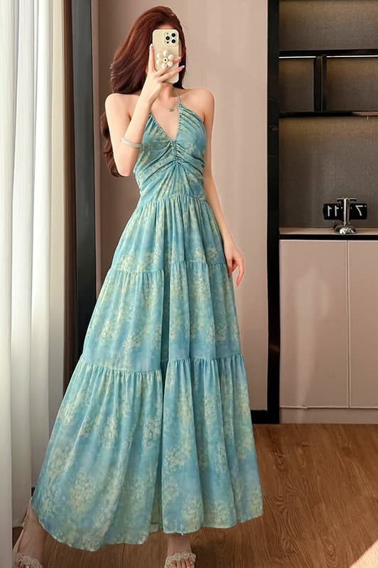 한국 스타일 V넥 프린트 힙 Pleat 패치워크 백리스 휴가 바람 행침 목 드레스 이미지 7