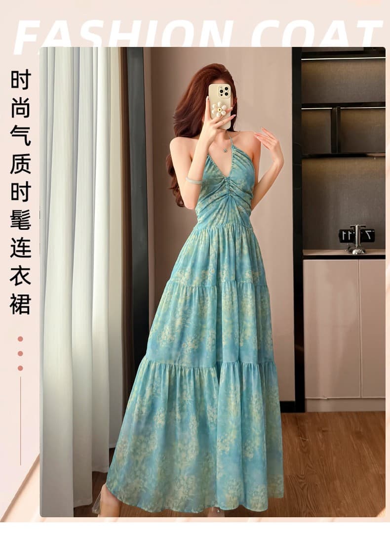 한국 스타일 V넥 프린트 힙 Pleat 패치워크 백리스 휴가 바람 행침 목 드레스 상세 이미지 1