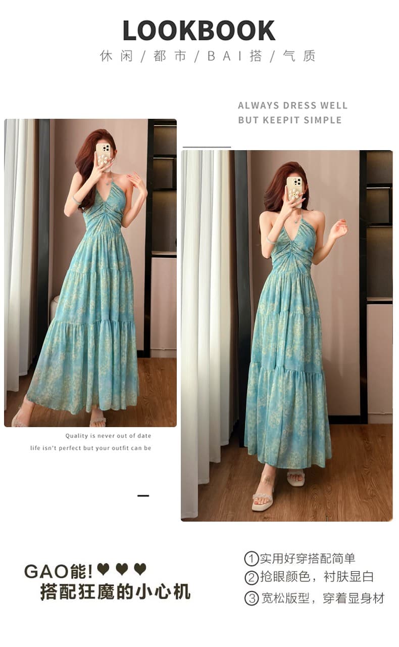 한국 스타일 V넥 프린트 힙 Pleat 패치워크 백리스 휴가 바람 행침 목 드레스 상세 이미지 3