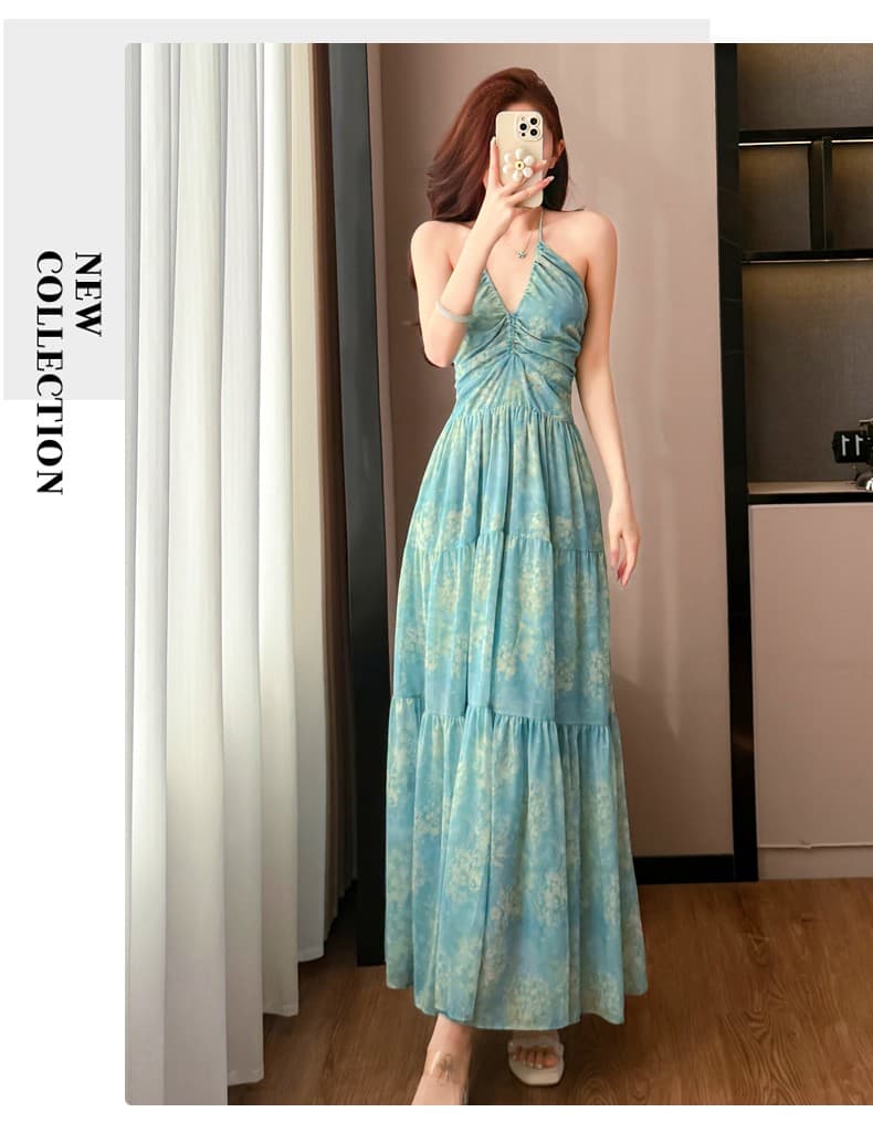 한국 스타일 V넥 프린트 힙 Pleat 패치워크 백리스 휴가 바람 행침 목 드레스 상세 이미지 11
