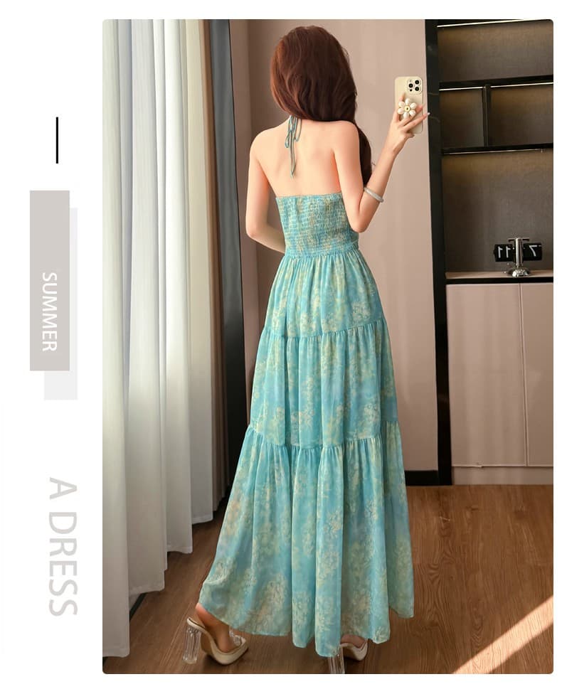 한국 스타일 V넥 프린트 힙 Pleat 패치워크 백리스 휴가 바람 행침 목 드레스 상세 이미지 12